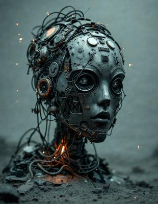 The primary subject of the image is a robotic head with a mechanical appearance. The setting is a dark room, and the visual style is a combination of photo and digital art. The robotic head is the main focus of the image, and the overall atmosphere is mysterious and intriguing.